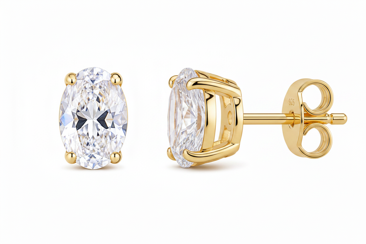 Moissanite Oval Stud Earrings with D Color VVS1 Stones and Sterling Silver Setting, 0.5-5ct