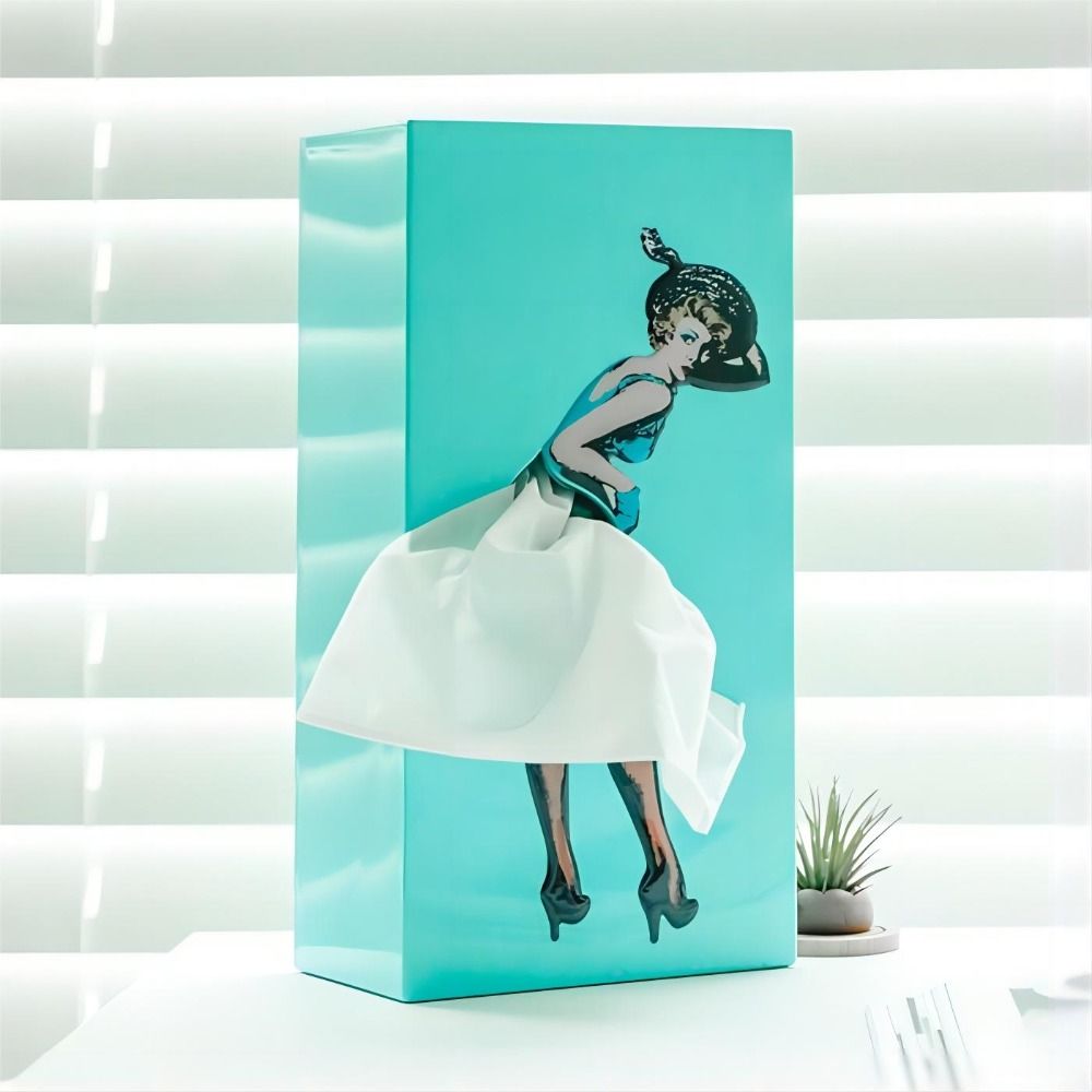 Fabric Tissue Box Cover with Removable Weighted Base and Billowing Skirt