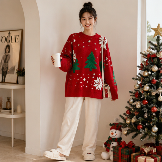 Women's Color Block Pullover with Snowflake Knit and Crew Neck, Red White Blue