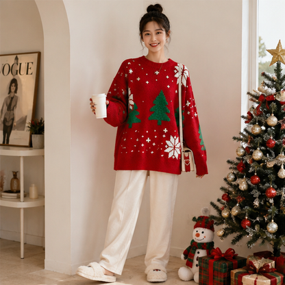 Women's Color Block Pullover with Snowflake Knit and Crew Neck, Red White Blue
