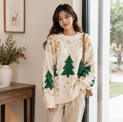 Women's Color Block Pullover with Snowflake Knit and Crew Neck, Red White Blue