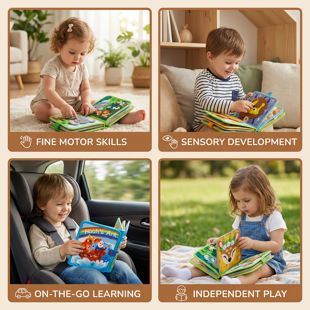 Interactive Fabric Storybook with Tactile Textures and Movable Pieces for Fine Motor Development