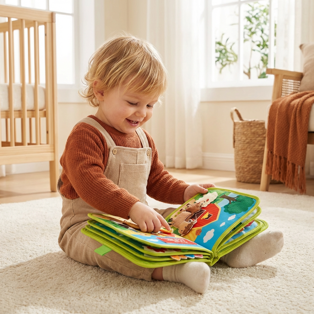 Interactive Fabric Storybook with Tactile Textures and Movable Pieces for Fine Motor Development