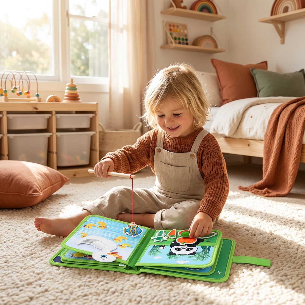Interactive Fabric Storybook with Tactile Textures and Movable Pieces for Fine Motor Development