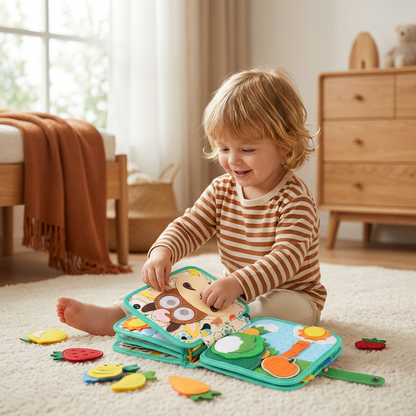 Interactive Fabric Storybook with Tactile Textures and Movable Pieces for Fine Motor Development