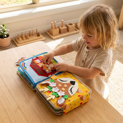 Interactive Fabric Storybook with Tactile Textures and Movable Pieces for Fine Motor Development