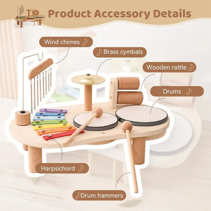 Wooden Music Station with Drum, Xylophone and Tambourine for Toddlers Ages 2-6