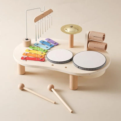 Wooden Music Station with Drum, Xylophone and Tambourine for Toddlers Ages 2-6