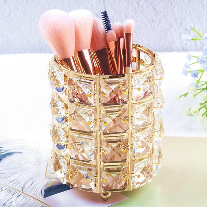 Crystal Bead Makeup Brush Organizer with Stainless Steel Frame, Gold or Silver