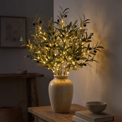 Light Up Faux Olive Branch with Soft Golden Glow Battery Powered for Vases and Shelves