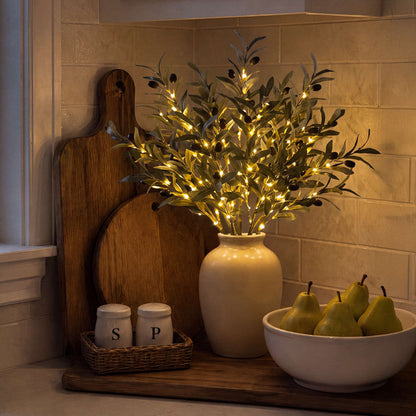 Light Up Faux Olive Branch with Soft Golden Glow Battery Powered for Vases and Shelves