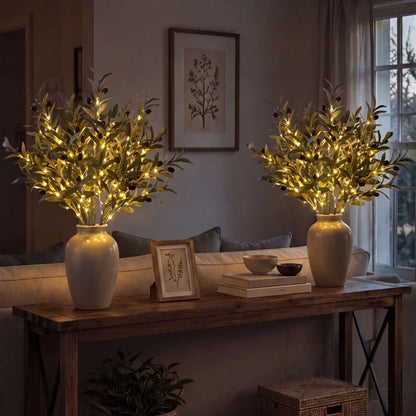 Light Up Faux Olive Branch with Soft Golden Glow Battery Powered for Vases and Shelves