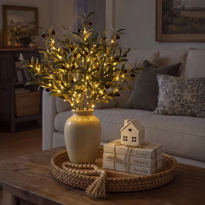 Light Up Faux Olive Branch with Soft Golden Glow Battery Powered for Vases and Shelves