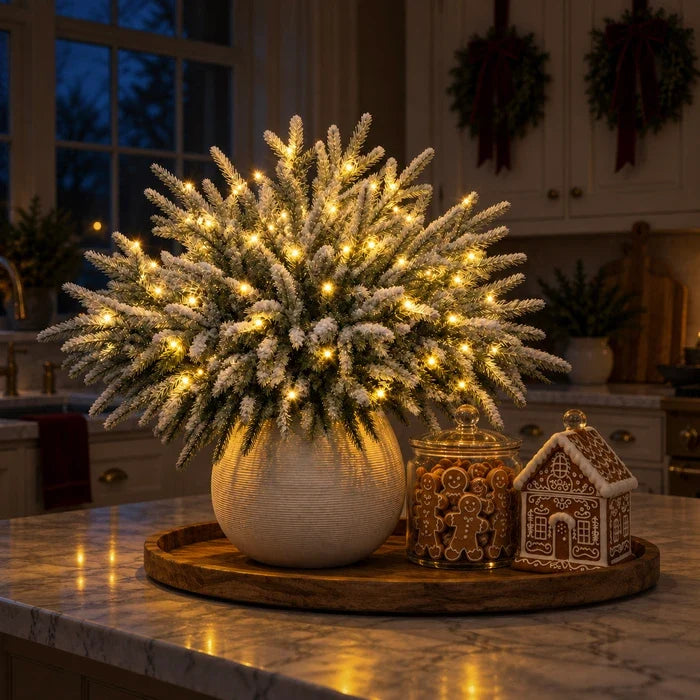 Light Up Norfolk Pine Branch with Warm Golden Twinkles Battery Powered in Classic Red Berry Or Frosted