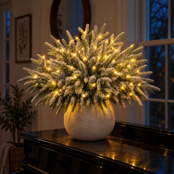Light Up Norfolk Pine Branch with Warm Golden Twinkles Battery Powered in Classic Red Berry Or Frosted