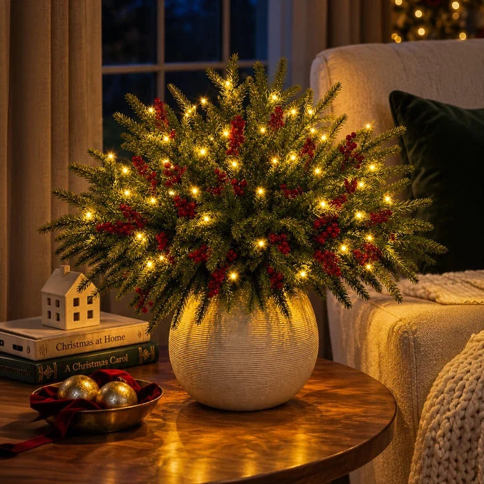Light Up Norfolk Pine Branch with Warm Golden Twinkles Battery Powered in Classic Red Berry Or Frosted
