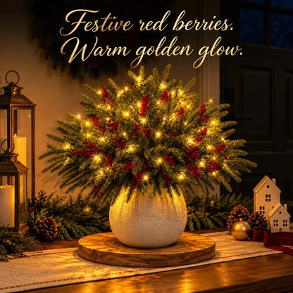 Light Up Norfolk Pine Branch with Warm Golden Twinkles Battery Powered in Classic Red Berry Or Frosted