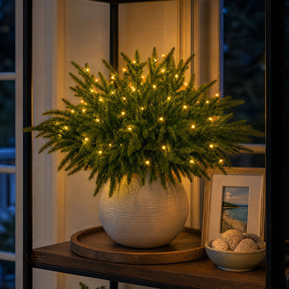 Light Up Norfolk Pine Branch with Warm Golden Twinkles Battery Powered in Classic Red Berry Or Frosted