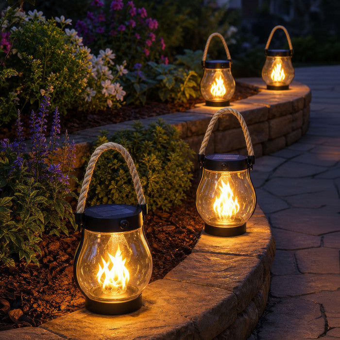 Solar Powered Lantern with Flame Effect Light and Hemp Rope Handle for Patios and Porches