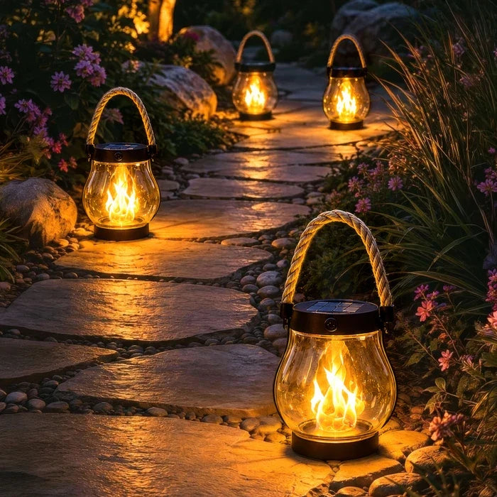 Solar Powered Lantern with Flame Effect Light and Hemp Rope Handle for Patios and Porches
