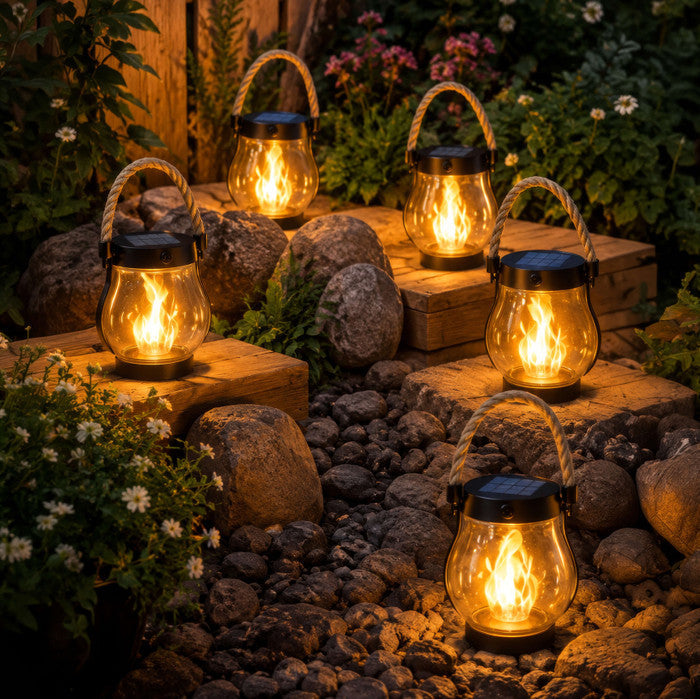 Solar Powered Lantern with Flame Effect Light and Hemp Rope Handle for Patios and Porches