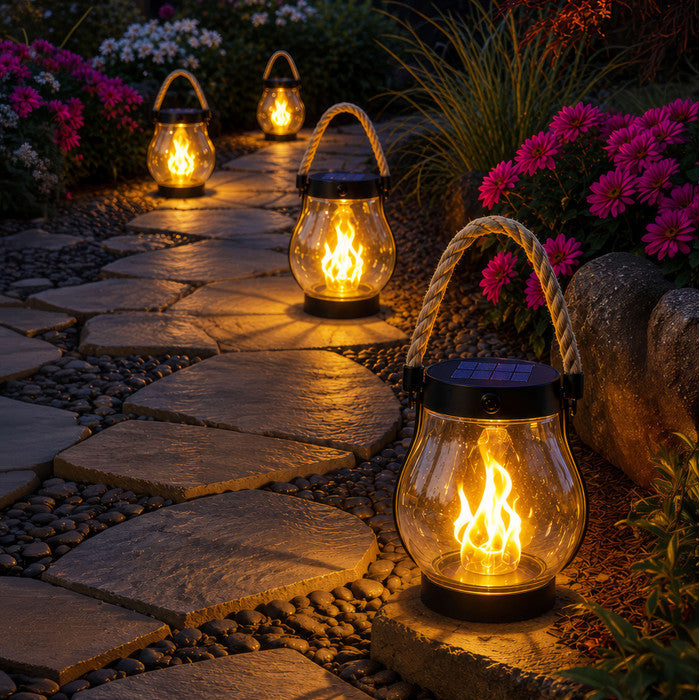 Solar Powered Lantern with Flame Effect Light and Hemp Rope Handle for Patios and Porches