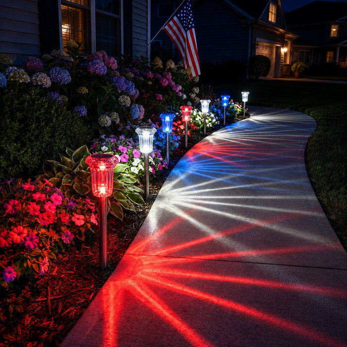 Solar Ground Lights Set of 3 with Red Blue and White Glow for Outdoor Celebrations