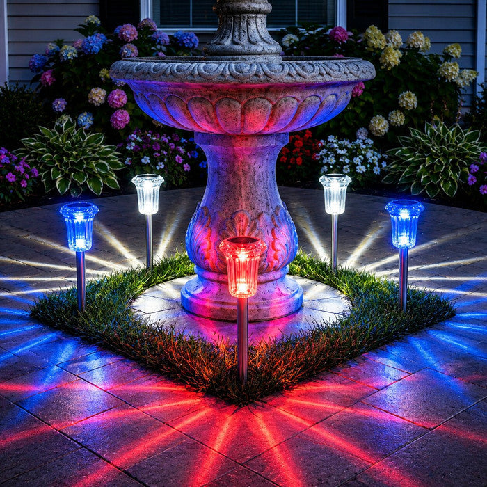 Solar Ground Lights Set of 3 with Red Blue and White Glow for Outdoor Celebrations