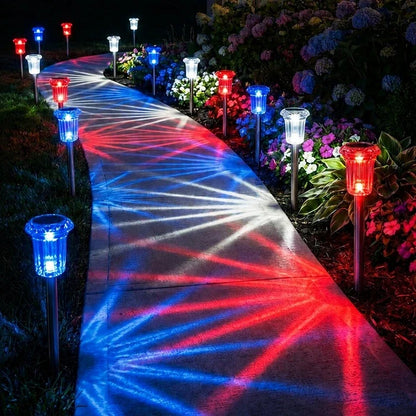Solar Ground Lights Set of 3 with Red Blue and White Glow for Outdoor Celebrations