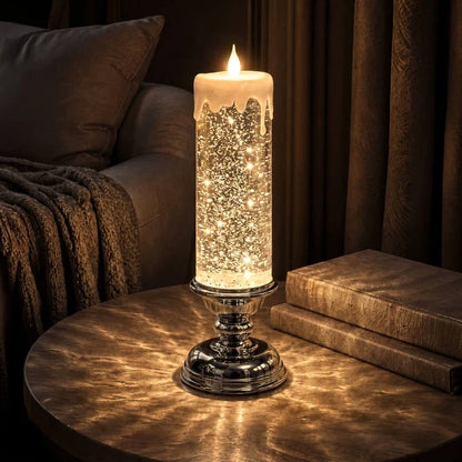 Flameless Glitter Glow Candle with Swirling Shimmer and Golden LED Light in White Gold Or Red