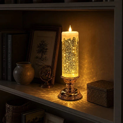 Flameless Glitter Glow Candle with Swirling Shimmer and Golden LED Light in White Gold Or Red