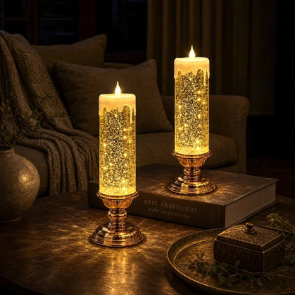 Flameless Glitter Glow Candle with Swirling Shimmer and Golden LED Light in White Gold Or Red