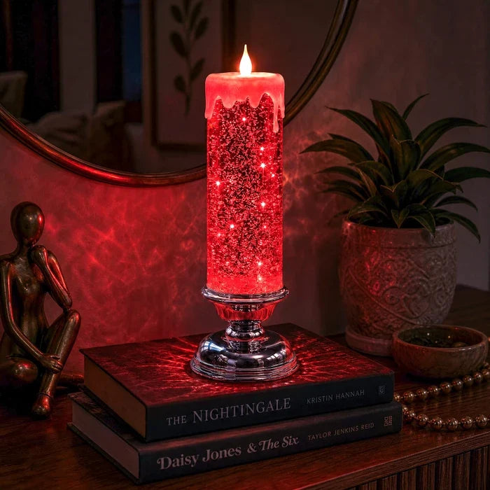 Flameless Glitter Glow Candle with Swirling Shimmer and Golden LED Light in White Gold Or Red