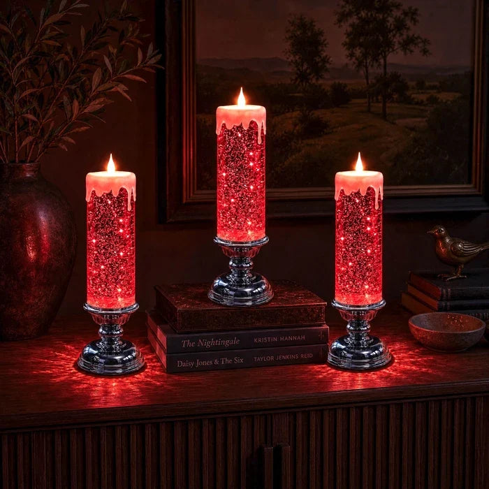 Flameless Glitter Glow Candle with Swirling Shimmer and Golden LED Light in White Gold Or Red