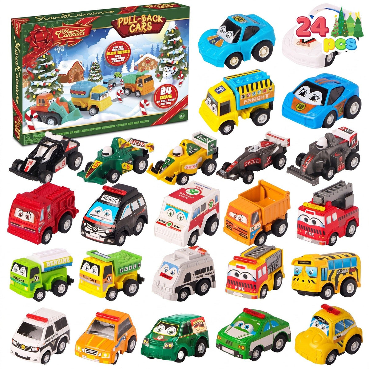 Pull Back Vehicle Advent Calendar with 24 Toy Cars for Daily Racing Fun