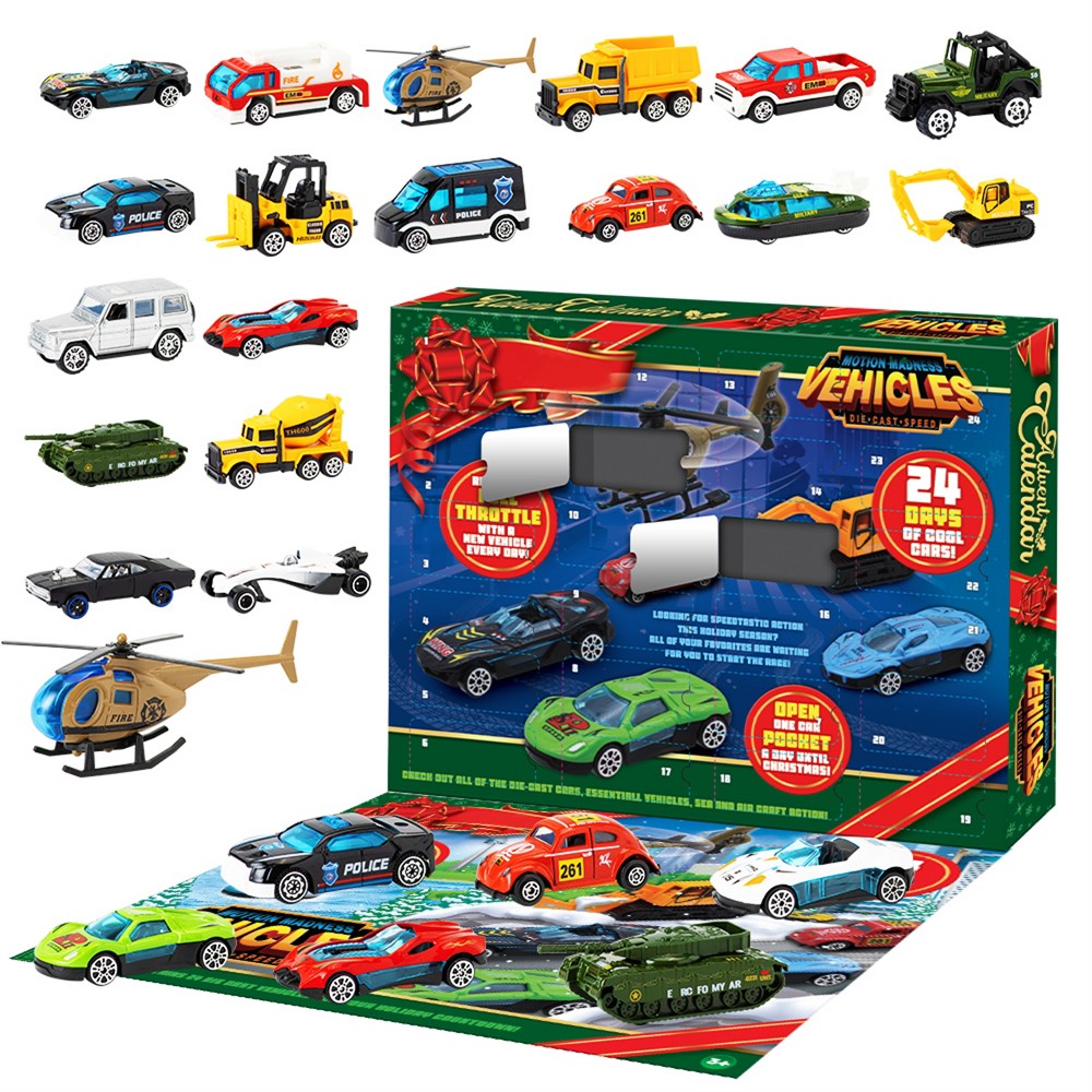 Toy Vehicle Advent Calendar with 24 Mini Cars and Trucks in 1 to 64 Scale for Car Fans
