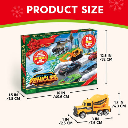Toy Vehicle Advent Calendar with 24 Mini Cars and Trucks in 1 to 64 Scale for Car Fans
