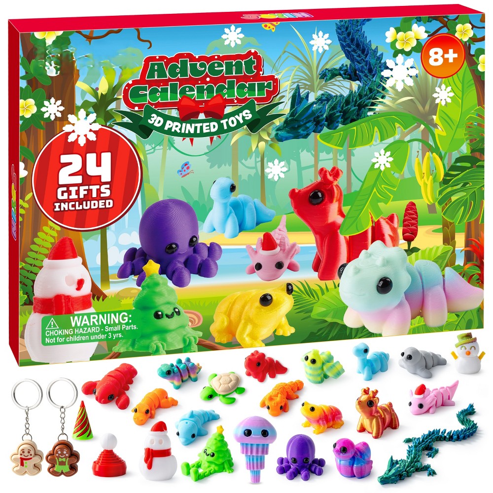 Advent Calendar Box with 24 Hard 3D Printed Toys Shaped Like Animals and Festive Items