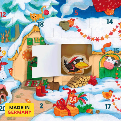 Wooden Farm Animal Advent Calendar with 24 Figures, Storybook and Winter Backdrop for Toddlers