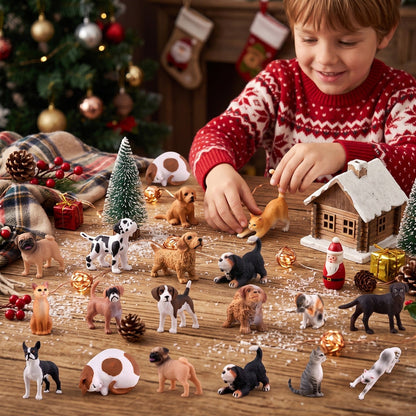 Dog and Cat Figurine Advent Calendar with 24 Pets and a Pet Village Play Mat