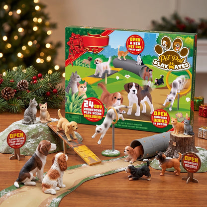 Dog and Cat Figurine Advent Calendar with 24 Pets and a Pet Village Play Mat
