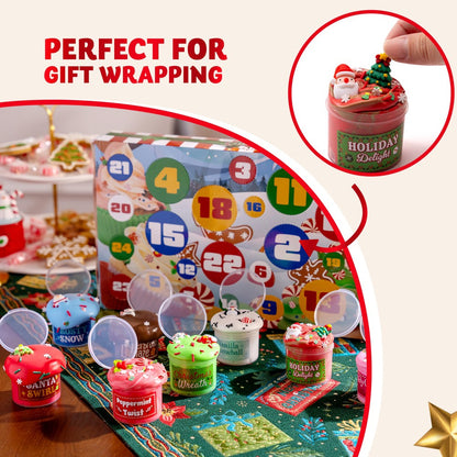 Holiday Slime Countdown Box with 8 Slime Jars and 16 Charm and Sprinkle Packs Behind 24 Windows