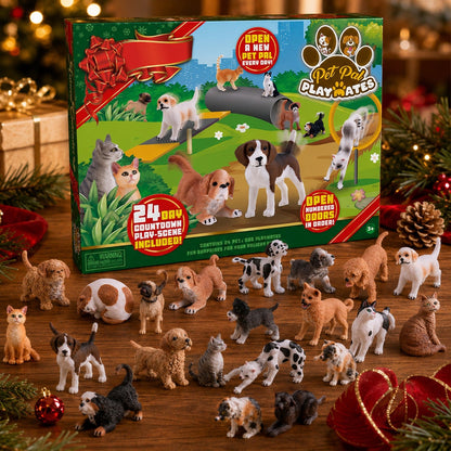 Dog and Cat Figurine Advent Calendar with 24 Pets and a Pet Village Play Mat