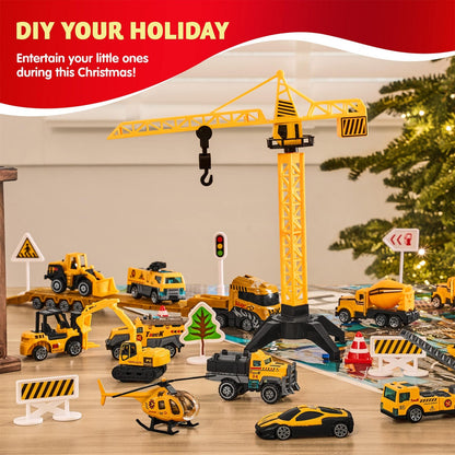 Construction Vehicle Advent Calendar with 24 Pieces and City Play Mat for Kids