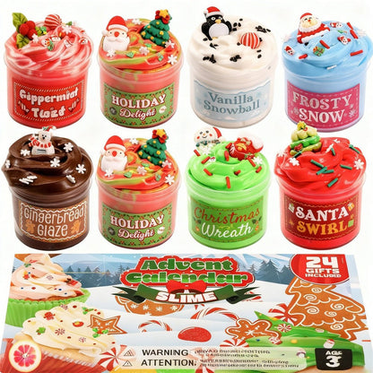 Holiday Slime Countdown Box with 8 Slime Jars and 16 Charm and Sprinkle Packs Behind 24 Windows