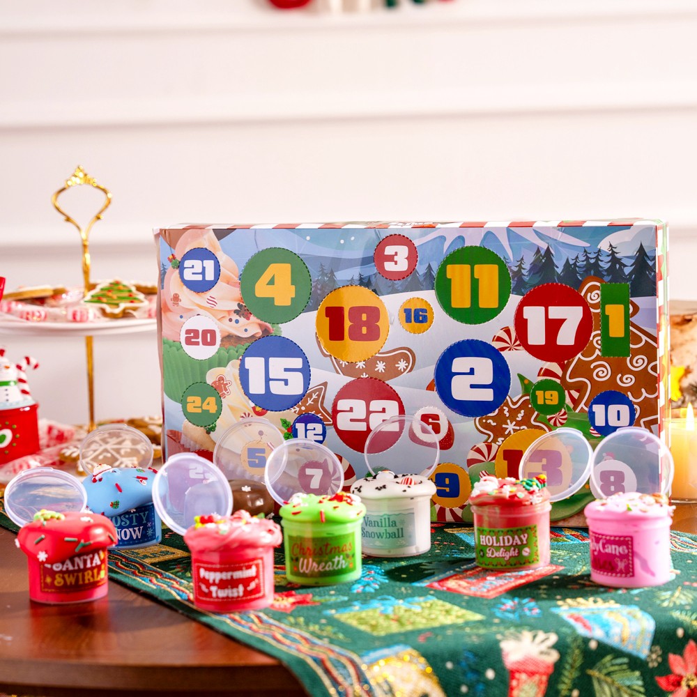 Holiday Slime Countdown Box with 8 Slime Jars and 16 Charm and Sprinkle Packs Behind 24 Windows