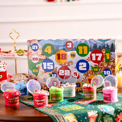 Holiday Slime Countdown Box with 8 Slime Jars and 16 Charm and Sprinkle Packs Behind 24 Windows