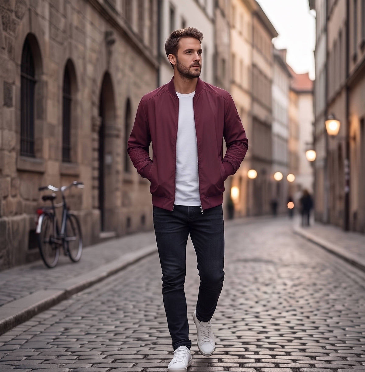 Men's Bomber Jacket with Metal Zipper and Rib Knit Cuffs, Matte Wind-Blocking
