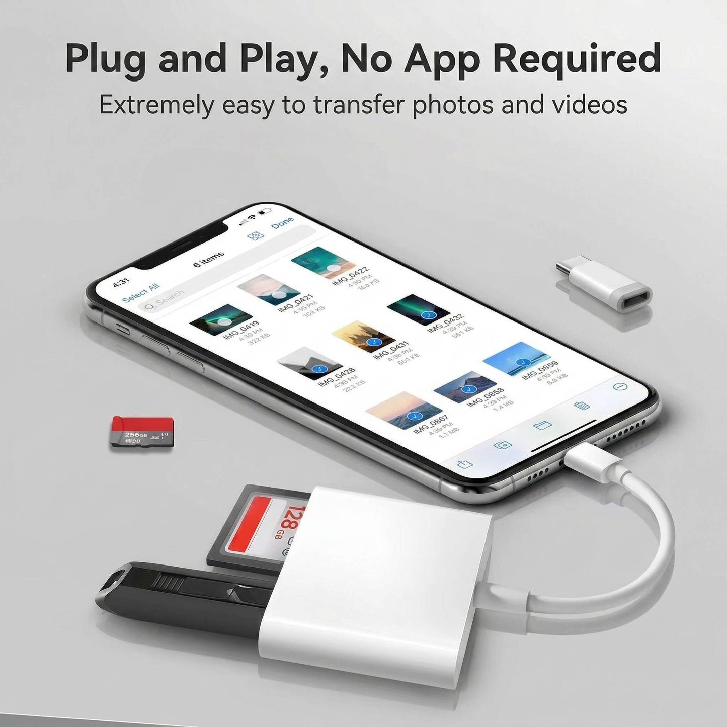 Dual Slot SD Card Reader with Lightning Connector and USB A Port for iPhone iPad