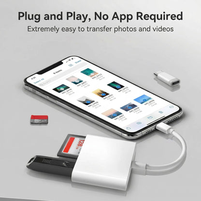 Dual Slot SD Card Reader with Lightning Connector and USB A Port for iPhone iPad
